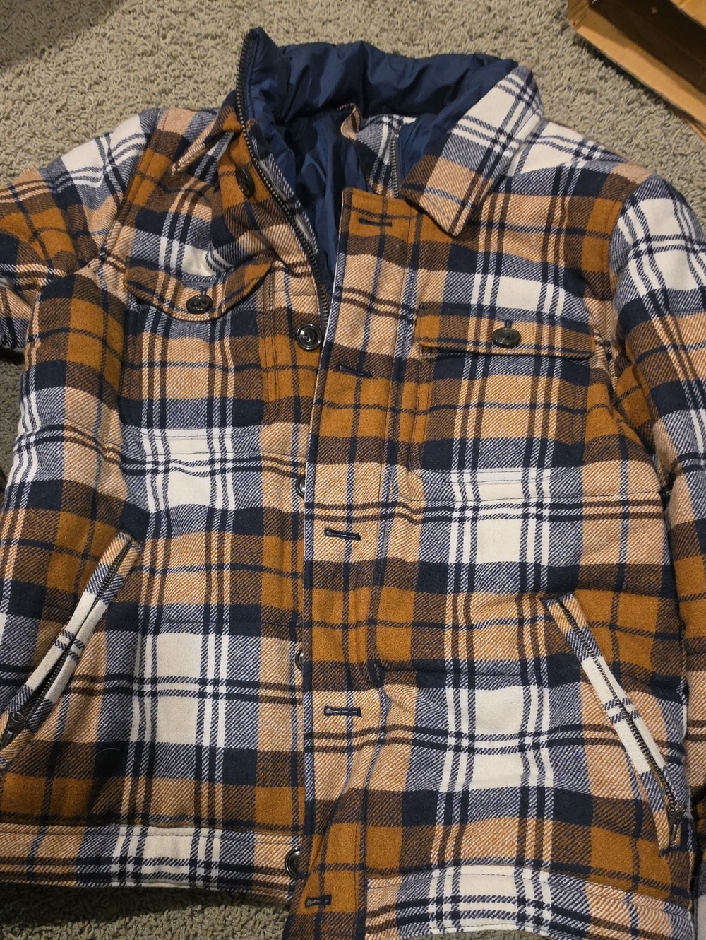 Abercrombie & Fitch Men's Plaid Puffer Jacket - Navy, Mustard & White